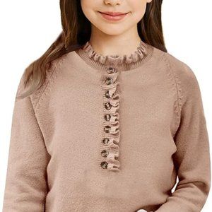 Girls  Kids Long Sleeve Button Down Crew Neck Ruffle Knit Pullover Sweaters